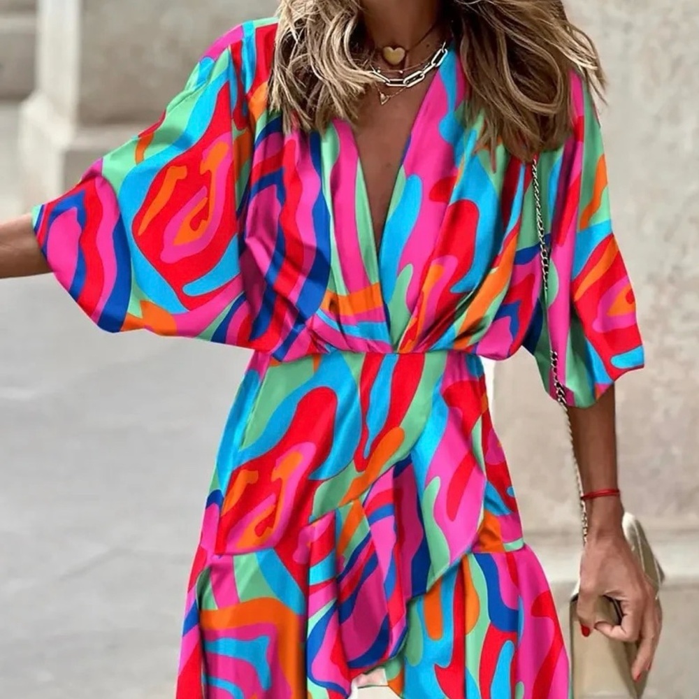 Vibrant Multicolor ChicMe Dress/coverup Dolman Sleeves Ruffles SO CUTE ON!